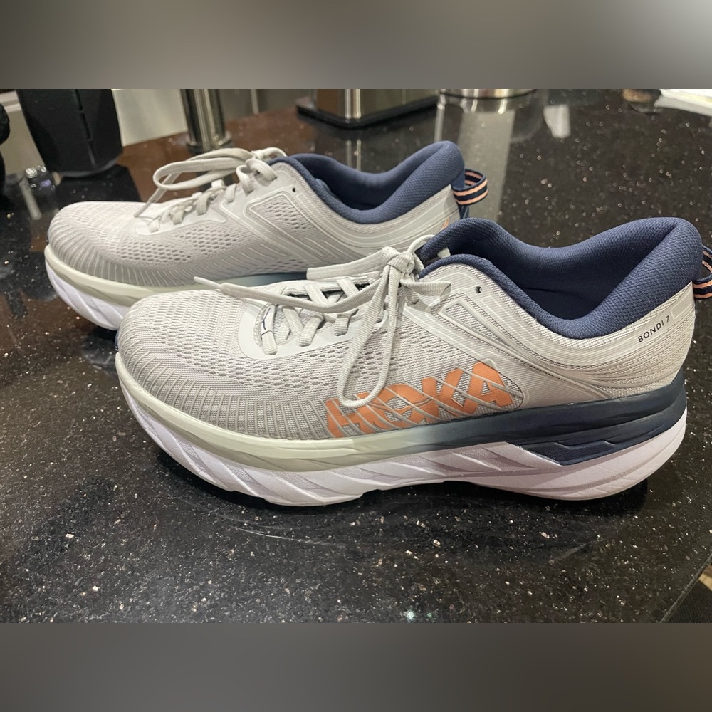 Hoka One One Bondi 7 - NO INSOLES - Gray/Navy - Size 10 Wide